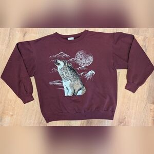 Vintage Maroon Wolf Howling At The Moon Graphic Sweater